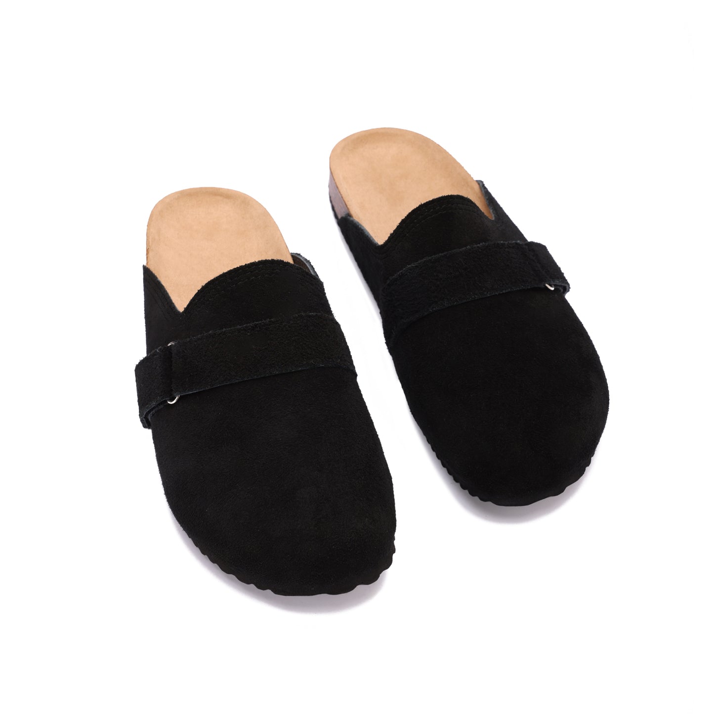 Split suede black clogs