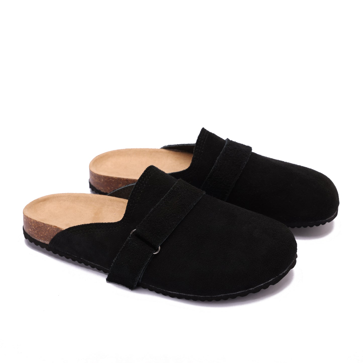 Split suede black clogs