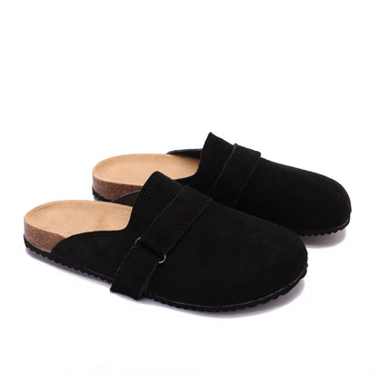 Split suede black clogs