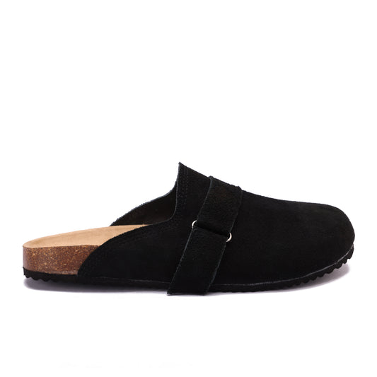 Split suede black clogs