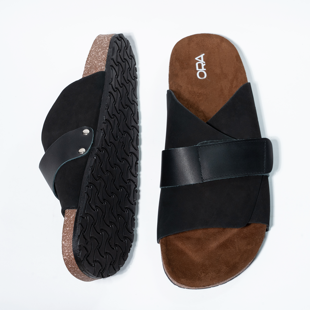 Cork Cushion Cross Slides - Black