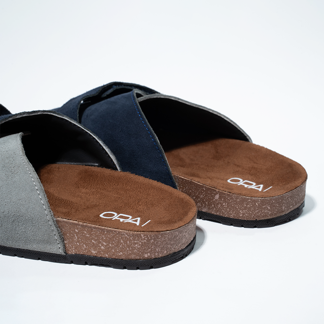 Cork Cushion Cross Slides - Blue & Gray