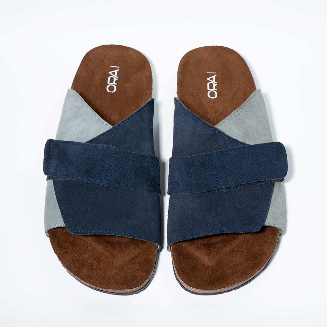 Cork Cushion Cross Slides - Blue & Gray