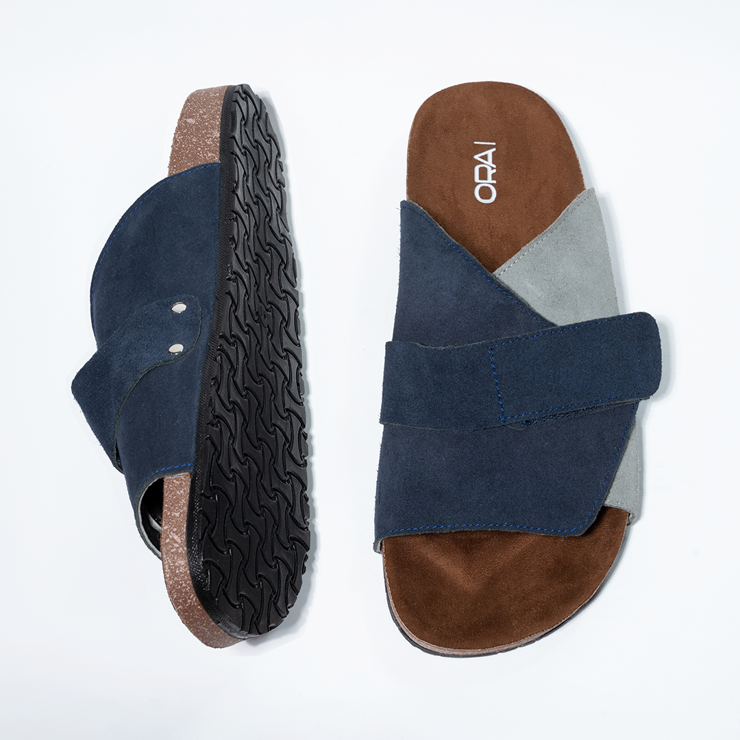 Cork Cushion Cross Slides - Blue & Gray