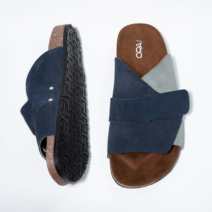 Cork Cushion Cross Slides - Blue & Gray